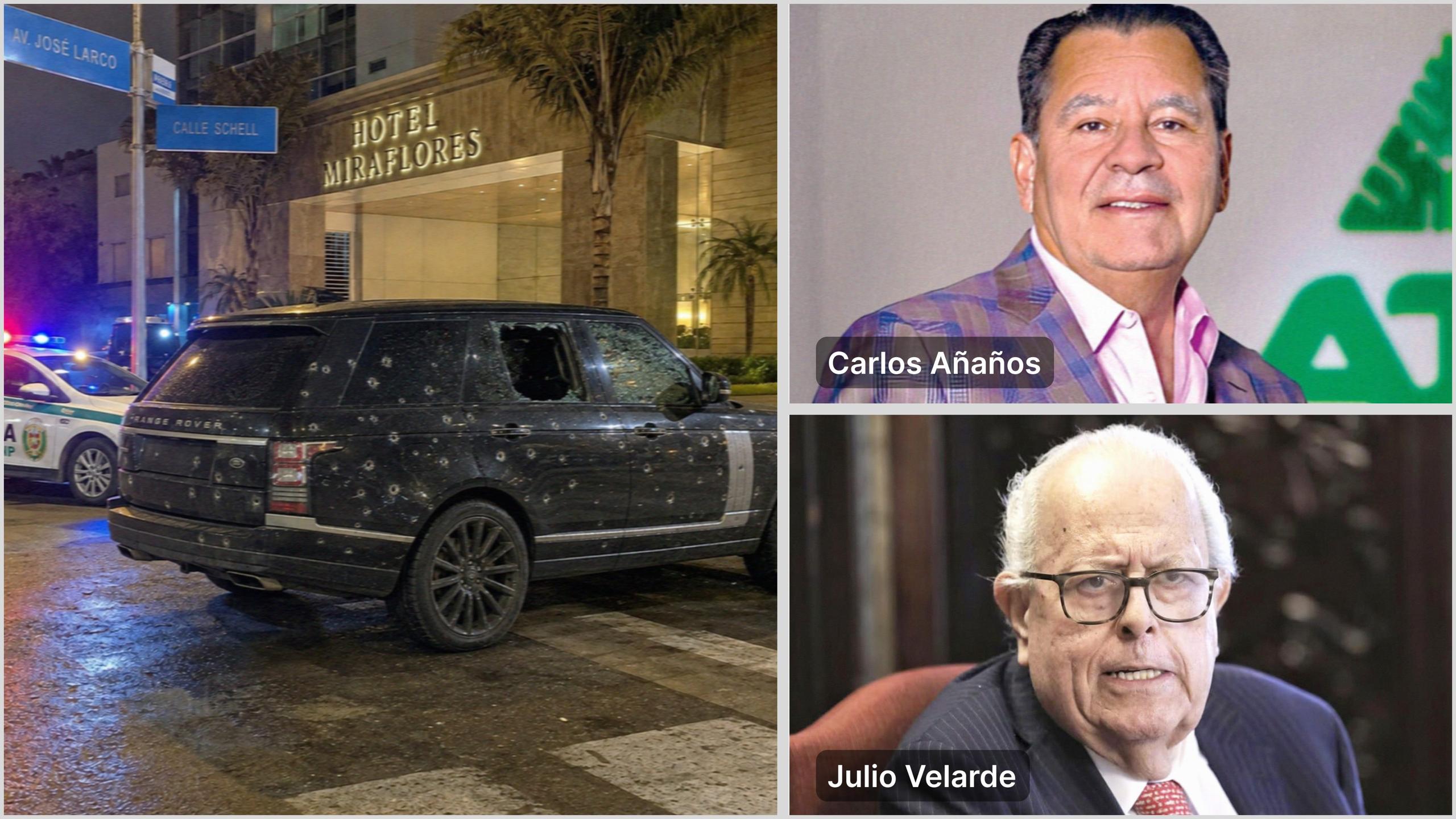 La camioneta baleada de Añaños en Miraflores, con retratos de Carlos Añaños y Julio Velarde