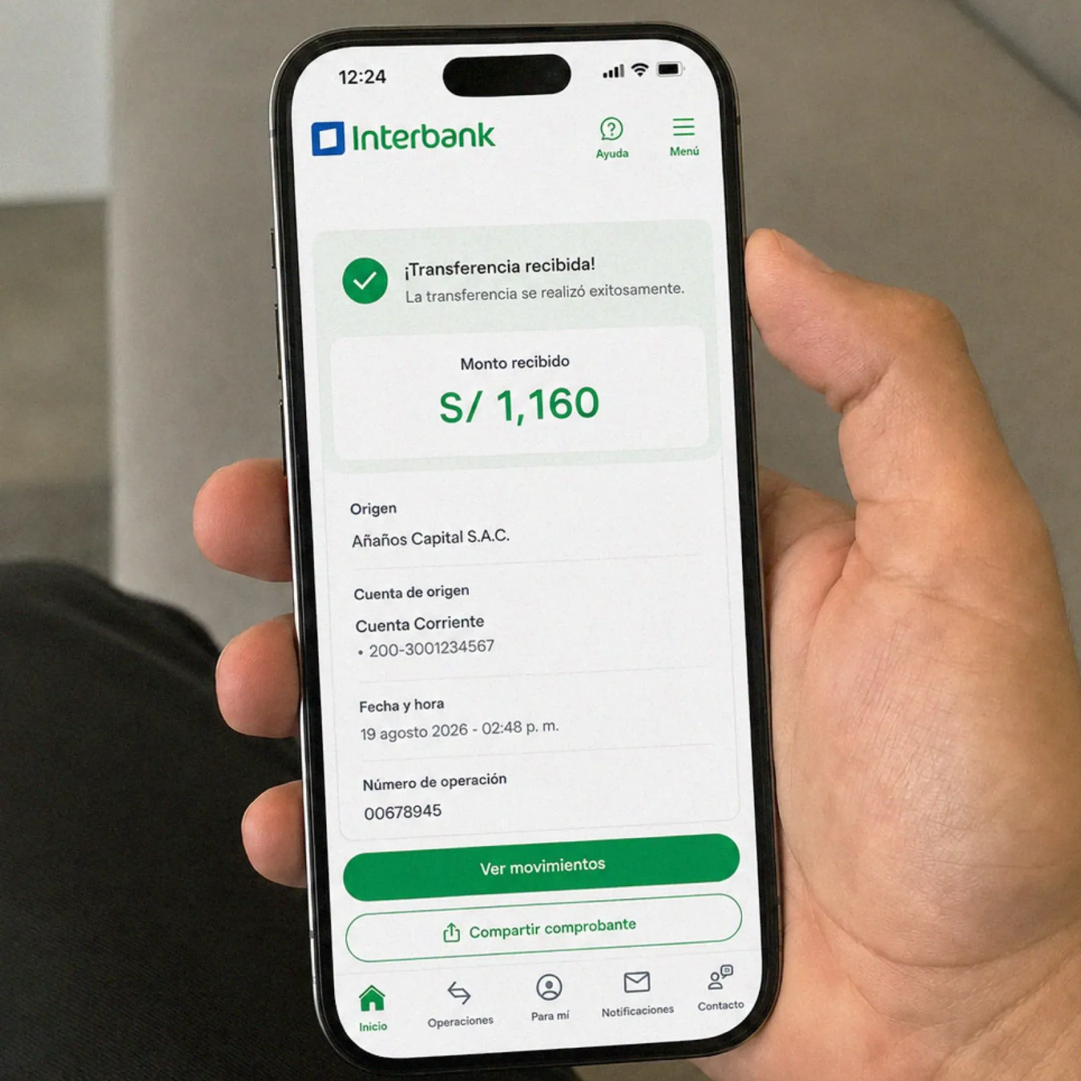 Comprobante Interbank — transferencia recibida de Eisen Peak